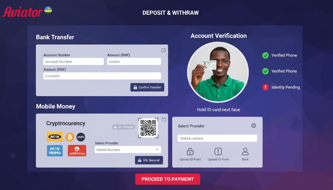 Interface showing bank transfer form, crypto payment, mobile money and identity verification in Rwandan context.