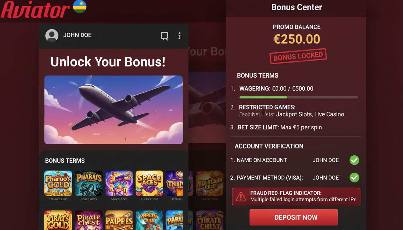 Illustration of bonus rules preventing withdrawal, identity and fraud checks.